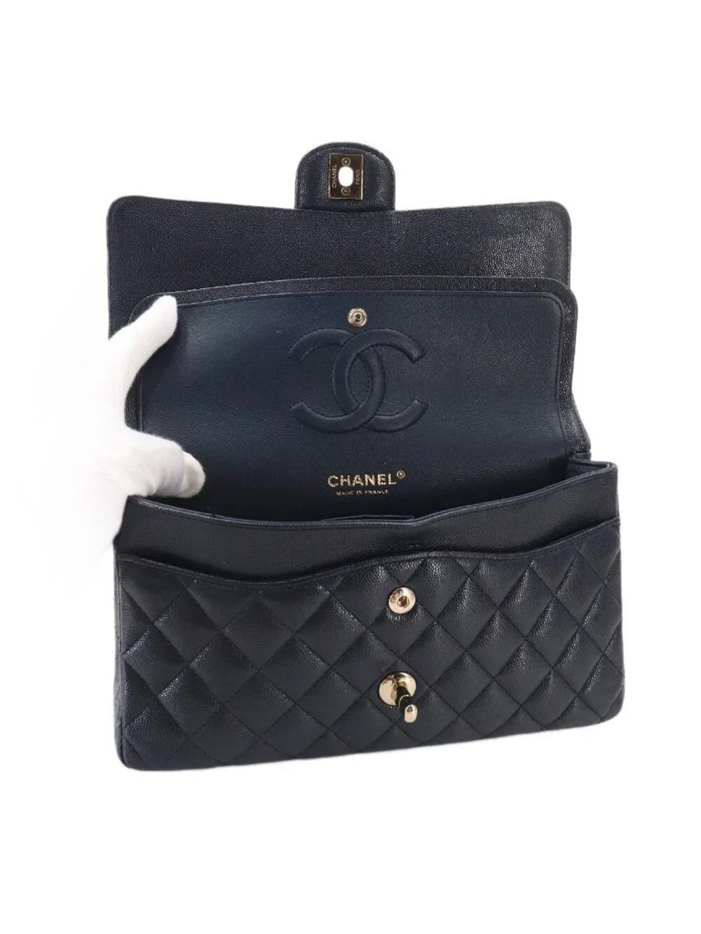 Chanel Quilted 25 Chain Shoulder Bag Caviar Leather Navy Gold